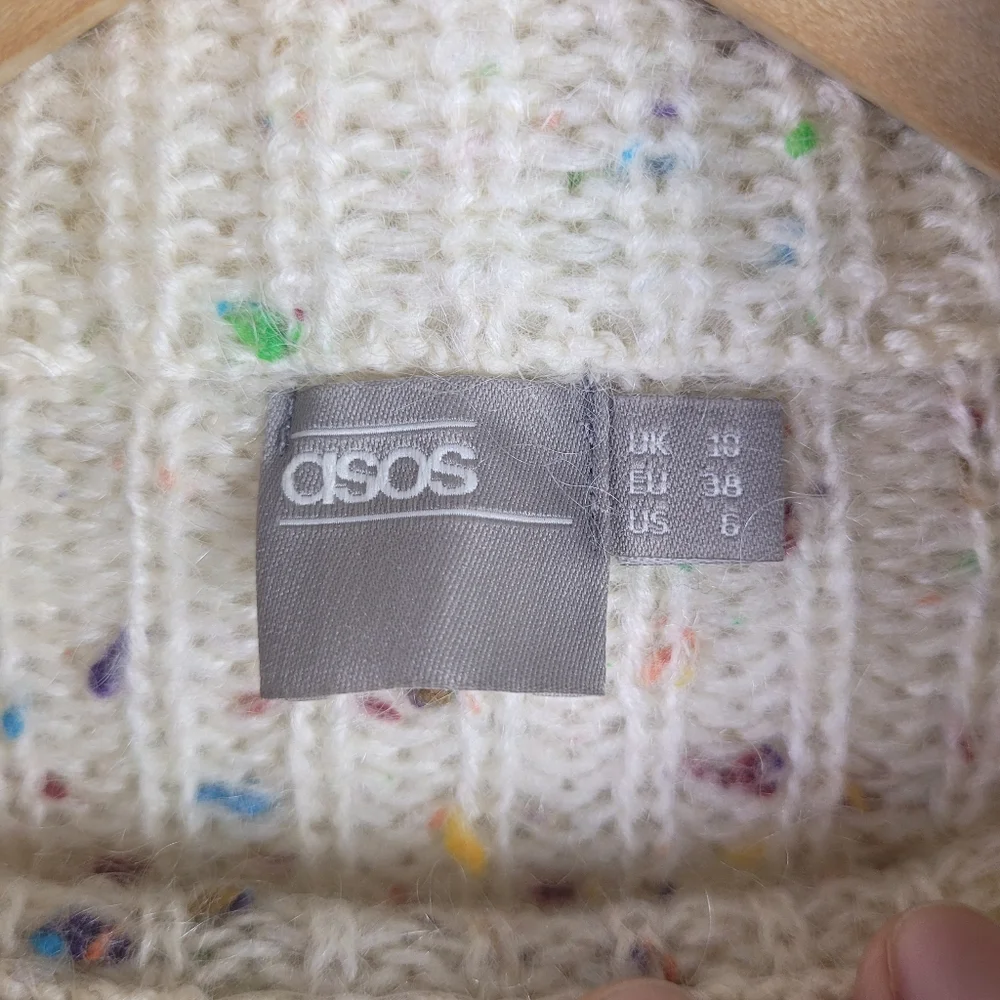 Asos Womens Sz 6 Mohair Blend‎ Cream Speckled High Neck Sweater Chunky Colorful